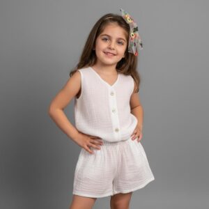Kız Çocuk Müslin Yelek ve  Şort Takımı