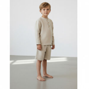 Erkek Çocuk Boyundan Düğmeli Müslin Gömlek & Şort Takımı
