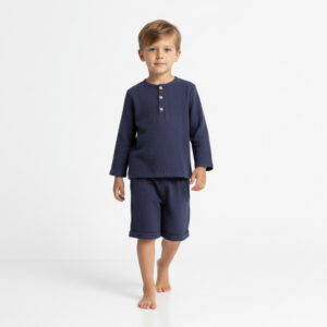 Erkek Çocuk Boyundan Düğmeli Müslin Gömlek & Şort Takımı
