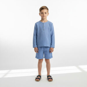 Erkek Çocuk Boyundan Düğmeli Müslin Gömlek & Şort Takımı