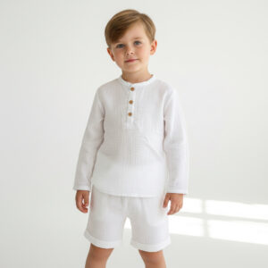 Erkek Çocuk Boyundan Düğmeli Müslin Gömlek & Şort Takımı