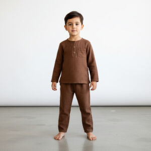 Erkek Çocuk Boyundan Düğmeli Müslin Gömlek & Dar Paça Pantolon Takımı