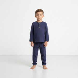 Erkek Çocuk Boyundan Düğmeli Müslin Gömlek & Dar Paça Pantolon Takımı