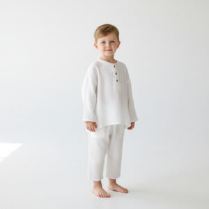 Erkek Çocuk Boyundan Düğmeli Müslin Gömlek & Dar Paça Pantolon Takımı