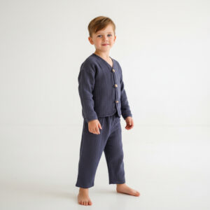 Erkek Çocuk İri Düğmeli Müslin Gömlek & Dar Paça Pantolon Takımı