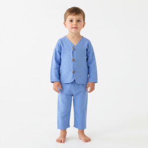 Erkek Çocuk İri Düğmeli Müslin Gömlek & Dar Paça Pantolon Takımı