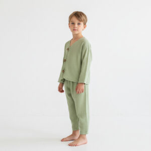 Erkek Çocuk İri Düğmeli Müslin Gömlek & Dar Paça Pantolon Takımı