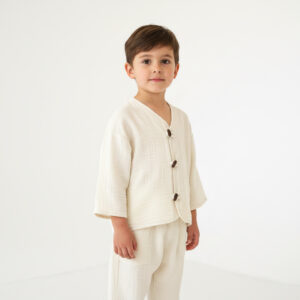 Erkek Çocuk İri Düğmeli Müslin Gömlek & Dar Paça Pantolon Takımı