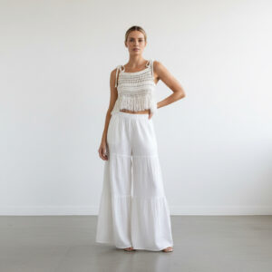 Kadın Püsküllü Dantel Örgü Bluz & Pileli Müslin Pantolon Takımı