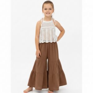 Kız Çocuk Pile Detaylı Müslin Pantolon