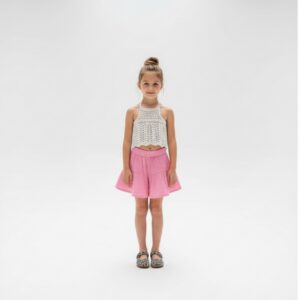 Kız Çocuk Dantel Örgü Bluz & Pileli Müslin Şort Takımı