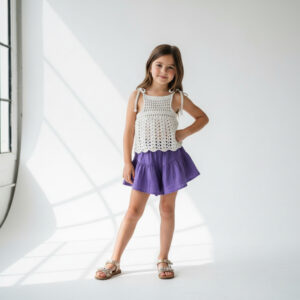 Kız Çocuk Dantel Örgü Bluz & Pileli Müslin Şort Takımı