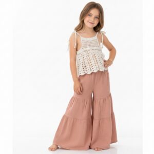 Kız Çocuk Dantel Örgü Bluz & Pileli Müslin Pantolon Takımı