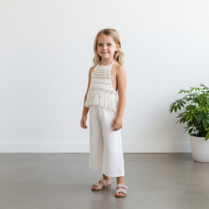 Kız Çocuk Püsküllü Dantel Örgü Bluz & Müslin Palazzo Pantolon Takımı