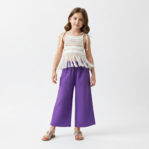 Kız Çocuk Püsküllü Dantel Örgü Bluz & Müslin Palazzo Pantolon Takımı