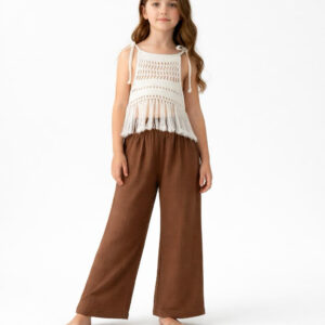 Kız Çocuk Püsküllü Dantel Örgü Bluz & Müslin Palazzo Pantolon Takımı
