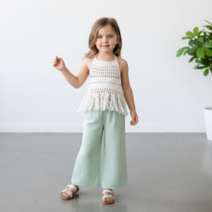 Kız Çocuk Püsküllü Dantel Örgü Bluz & Müslin Palazzo Pantolon Takımı
