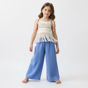 Kız Çocuk Püsküllü Dantel Örgü Bluz & Müslin Palazzo Pantolon Takımı