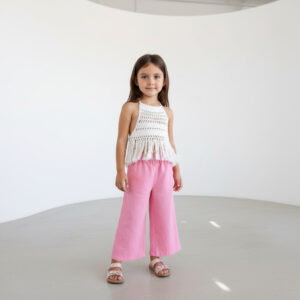 Kız Çocuk Püsküllü Dantel Örgü Bluz & Müslin Palazzo Pantolon Takımı