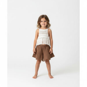 Kız Çocuk Dantel Örgü Püsküllü Bluz & Pileli Müslin Şort Takımı