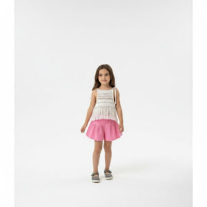 Kız Çocuk Dantel Örgü Püsküllü Bluz & Pileli Müslin Şort Takımı