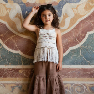 Kız Çocuk Püsküllü Dantel Örgü Bluz & Pileli Müslin Pantolon Takımı