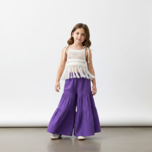 Kız Çocuk Püsküllü Dantel Örgü Bluz & Pileli Müslin Pantolon Takımı