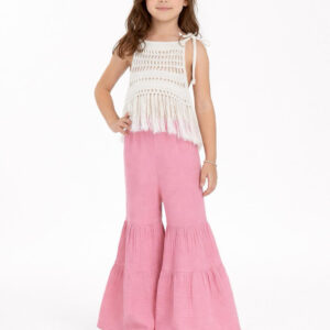 Kız Çocuk Püsküllü Dantel Örgü Bluz & Pileli Müslin Pantolon Takımı