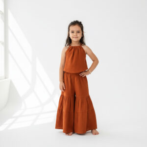 Kız Çocuk İp Askılı Crop & Pileli Müslin Pantolon Takımı