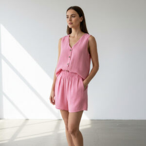 Kadın Sıfır Kollu Müslin Gömlek & Şort Takımı