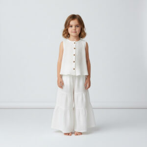 Kız Çocuk Sıfır Kollu Müslin Gömlek & Pileli Pantolon Takımı