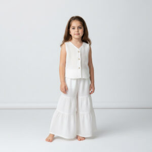 Kız Çocuk Müslin Yelek ve Pile Detaylı Müslin Pantolon Takımı