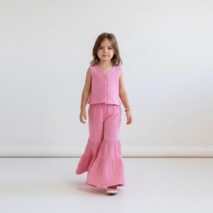 Kız Çocuk Müslin Yelek ve Pile Detaylı Müslin Pantolon Takımı