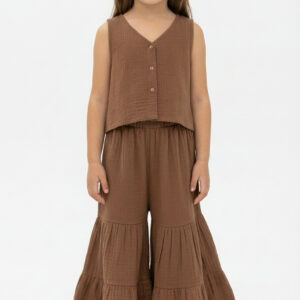 Kız Çocuk Müslin Yelek ve Pile Detaylı Müslin Pantolon Takımı