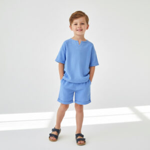 Erkek Çocuk V Yaka Müslin Tişört & Şort Takımı