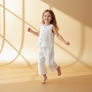 Kız Çocuk Sıfır Kollu Müslin Gömlek & Palazzo Pantolon Takımı
