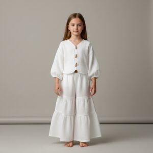 Kız Çocuk Balon Kollu İri Düğmeli Müslin Gömlek