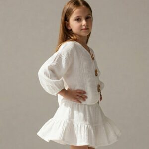 Kız Çocuk Balon Kollu Müslin Gömlek & Pileli Şort Takımı