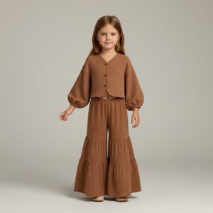 Kız Çocuk Balon Kollu İri Düğmeli Müslin Gömlek