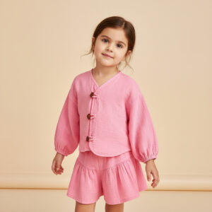 Kız Çocuk Balon Kollu İri Düğmeli Müslin Gömlek