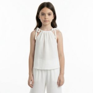 Kız Çocuk İp Askılı Crop & Pileli Müslin Pantolon Takımı