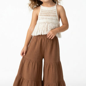 Kız Çocuk Püsküllü Dantel Örgü Bluz & Pileli Müslin Pantolon Takımı