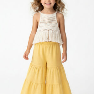 Kız Çocuk Püsküllü Dantel Örgü Bluz & Pileli Müslin Pantolon Takımı