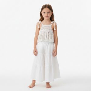 Kız Çocuk Dantel Örgü Bluz & Pileli Müslin Pantolon Takımı