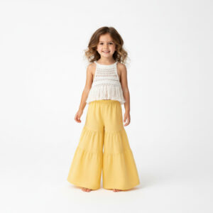 Kız Çocuk Püsküllü Dantel Örgü Bluz & Pileli Müslin Pantolon Takımı