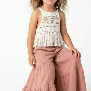 Kız Çocuk Püsküllü Dantel Örgü Bluz & Pileli Müslin Pantolon Takımı