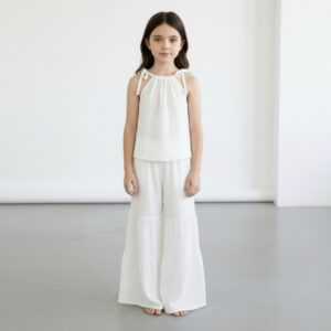 Kız Çocuk İp Askılı Crop & Pileli Müslin Pantolon Takımı