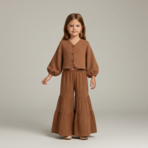 Kız Çocuk Balon Kollu Müslin Gömlek & Pileli Pantolon Takımı