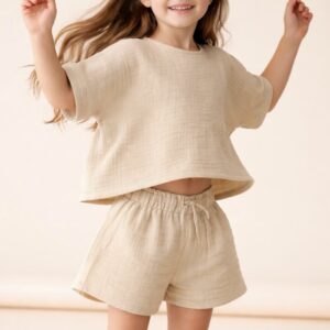 Kız Çocuk Yarım Kollu Müslin Tişört & Şort Takımı