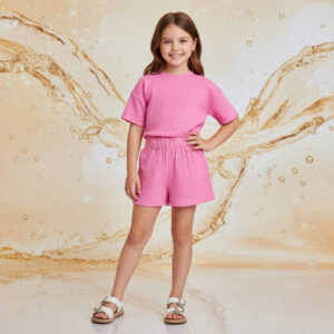 Kız Çocuk Yarım Kollu Müslin Tişört & Şort Takımı